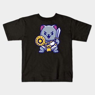 Cute Cat Gladiator Warrior Holding Sword And Shield Cartoon Kids T-Shirt